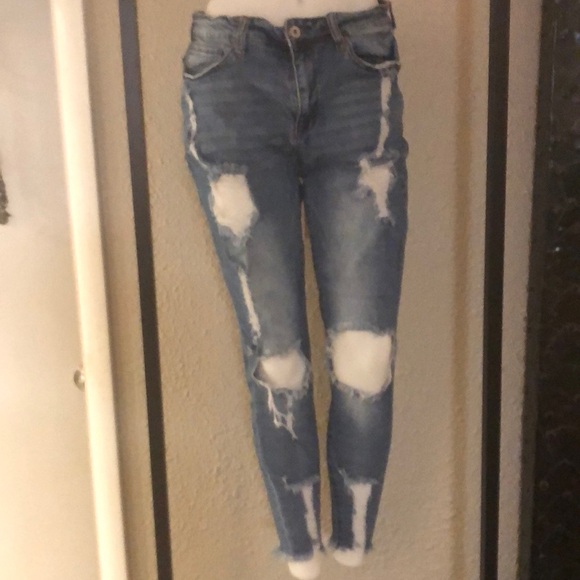 Blue Skinny Jeans with Ripped Knee Details - Picture 1 of 14